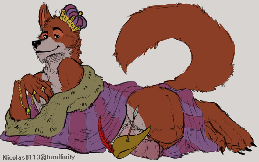 arrowed balls big_penis canine crown fox grin hat inviting jewelry looking_at_viewer mammal nicolas0113 penis plain_background robe robin_hood robin_hood_(disney) seductive thick_penis uncut