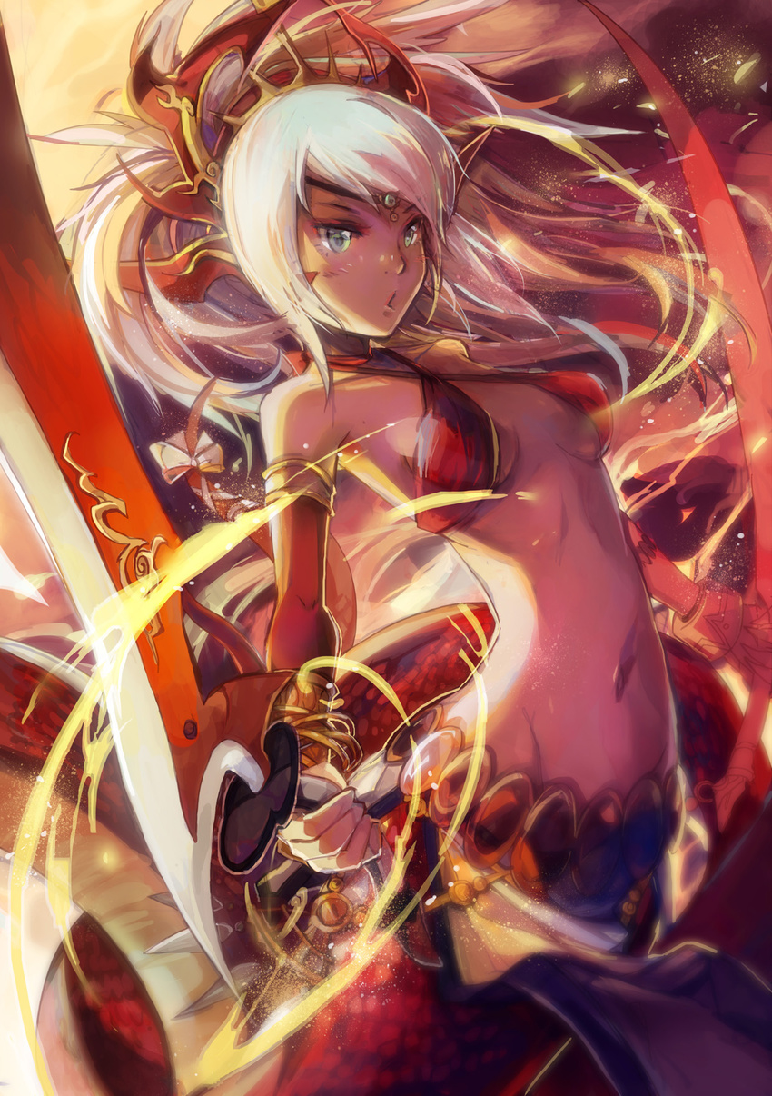 bare_shoulders criss-cross_halter dual_wielding echidna_(p&amp;d) fire groin halter_top halterneck highres holding lamia long_hair midriff monster_girl navel ponytail puzzle_&amp;_dragons shadowsinking solo sword weapon