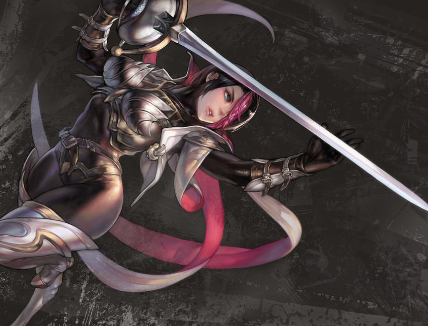 aoin armor blue_eyes boots breastplate breasts covered_navel fiora_laurent hair_over_one_eye highres large_breasts league_of_legends multicolored_hair rapier short_hair solo sword thigh_boots thighhighs thighs toned weapon