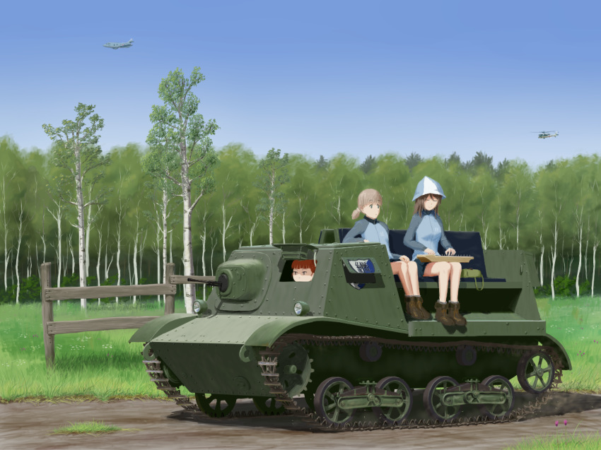 3girls aircraft aki_(girls_und_panzer) armored_vehicle brown_hair caterpillar_tracks day emblem eyes_closed fence fokker forest girls_und_panzer grass ground ground_vehicle gun helicopter instrument kantele keizoku_(emblem) keizoku_military_uniform machine_gun mika_(girls_und_panzer) mikko_(girls_und_panzer) military military_vehicle motor_vehicle multiple_girls nature short_hair skirt smile t-20_komsomolets tree twintails weapon