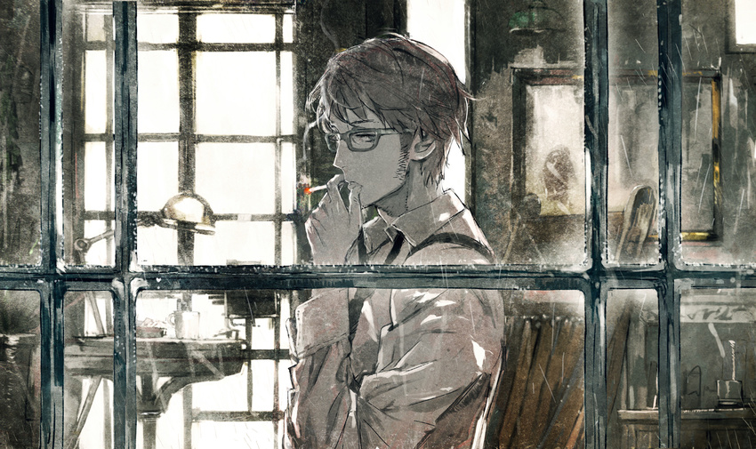 about_me_(vocaloid) chair cigarette desk_lamp from_outside glasses grey indoors lamp looking_out_window original rain rocking_chair smoking toi8 vocaloid window