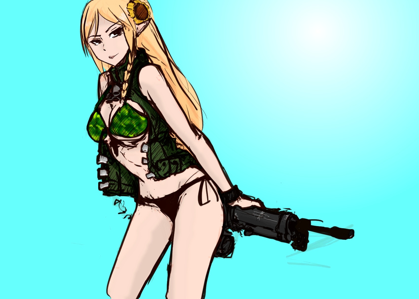assault_rifle bare_shoulders bikini black_eyes blonde_hair braid breasts cleavage collaboration colorfag colorized elf flower gun hair_flower hair_ornament large_breasts leaning_forward light_smile long_hair open_clothes open_vest panties_(pantsu-pirate) pointy_ears rifle rk95 sako_rk_95_(upotte!!) scope side-tie_bikini simple_background single_braid solo swimsuit underboob upotte!! vest weapon