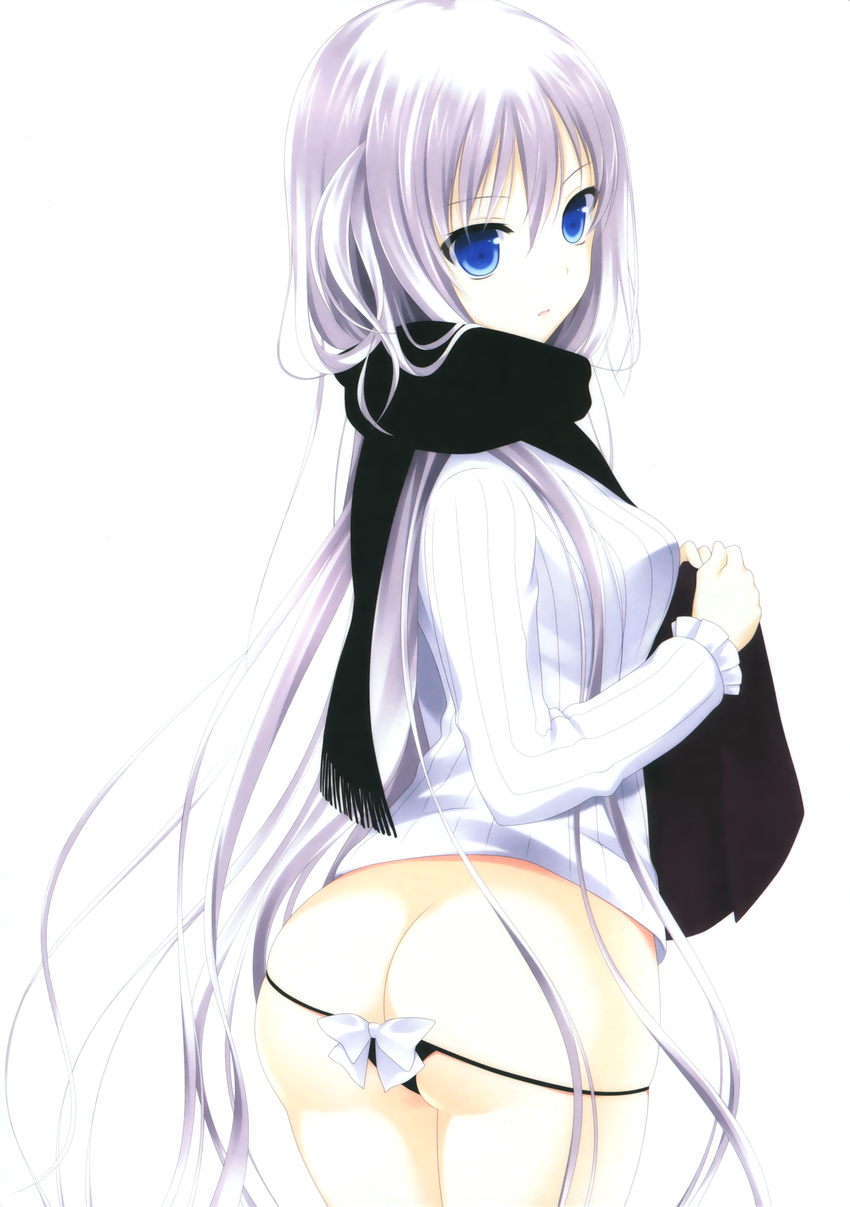 absurdres ass black_panties blue_eyes breasts butt_crack grey_hair highres long_hair makita_maki medium_breasts panties panty_pull ribbed_sweater scarf solo sweater underwear