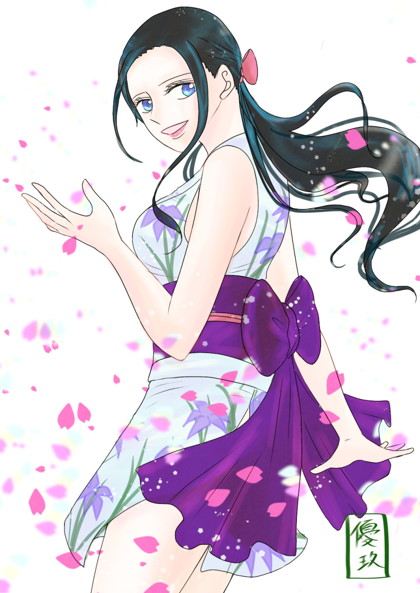 1girl black_hair blue_eyes cherry_blossoms commentary cowboy_shot falling_petals floating_hair floral_print floral_print_kimono hair_ribbon highres japanese_clothes kimono long_hair nico_robin obi one_piece petals pink_lips ponytail print_kimono profile purple_sash ribbon sash short_kimono sidelocks simple_background sleeveless sleeveless_kimono smile solo yuk2628