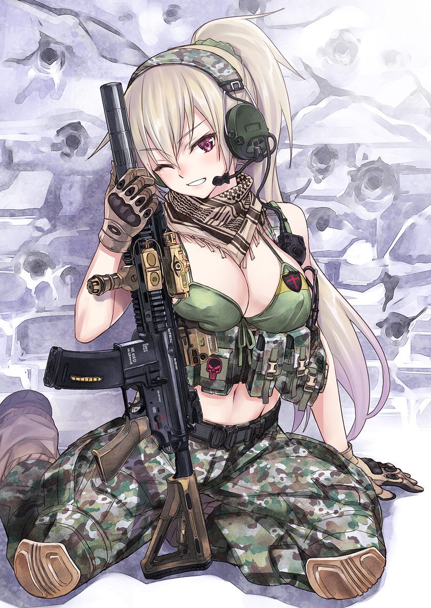 arm_support assault_rifle badge breasts brown_gloves brown_hair camouflage camouflage_pants cleavage cross front-tie_top gloves gun hair_ornament headset heckler_&amp;_koch highres hk416 knee_pads large_breasts long_hair matsuryuu midriff military_operator one_eye_closed original pants parted_lips ponytail pouch purple_eyes rifle scarf sitting skull smile solo suppressor vertical_foregrip weapon yokozuwari