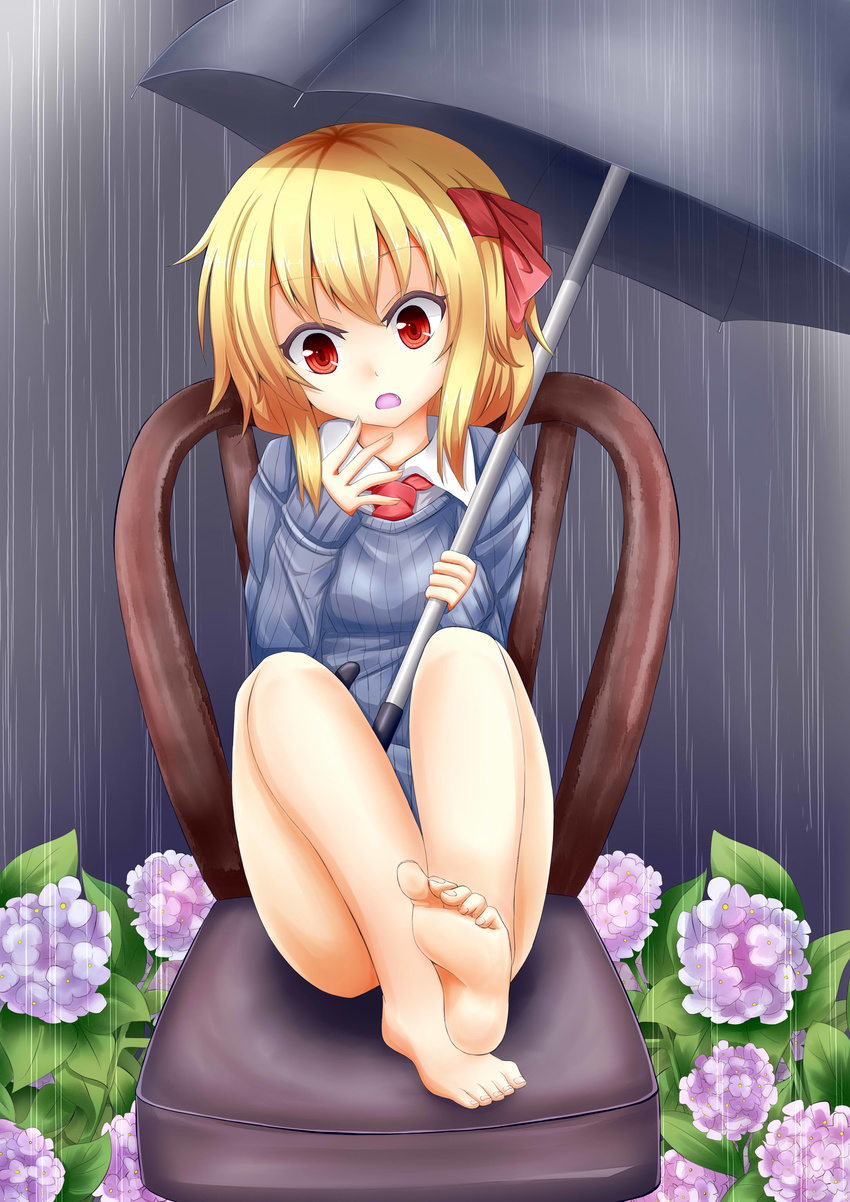 absurdres alternate_costume banned_artist bare_legs barefoot blonde_hair chair fang flower hair_ribbon highres hydrangea oohirakeisuke rain red_eyes ribbon rumia short_hair sitting sweater touhou umbrella