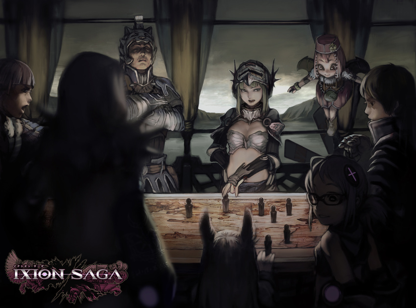 5girls armor balcony breasts chess_piece cleavage cloud cloudy_sky crossed_arms glasses green_hair helmet hood ixion_saga map medium_breasts meeting multiple_boys multiple_girls pawn pink_hair ponytail sky takeyuki15 wings