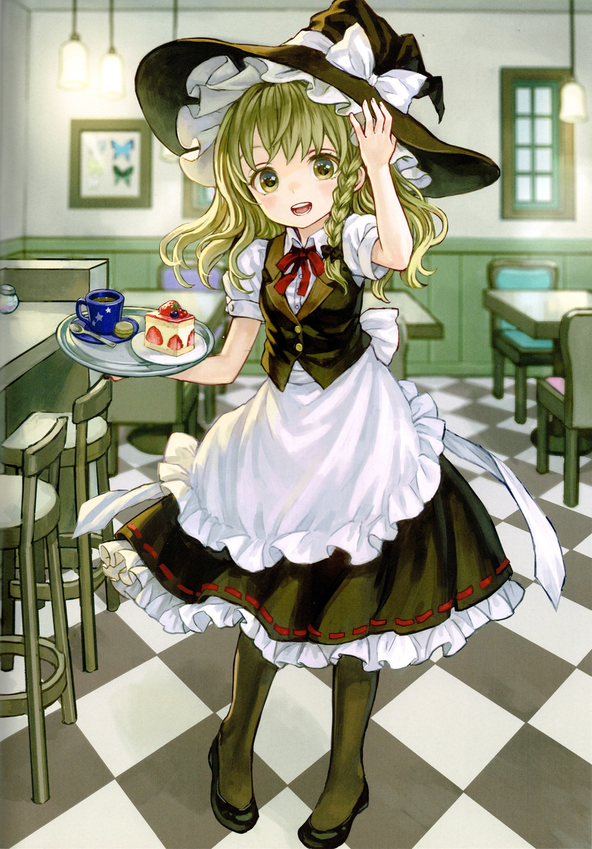 absurdres ama-tou apron black_legwear blonde_hair blush bow braid bug butterfly cake chair checkered checkered_floor cup dish food frilled_skirt frills fruit full_body hair_bow hair_ornament hand_on_headwear hat hat_ribbon highres insect kirisame_marisa lamp long_hair looking_at_viewer open_mouth pantyhose puffy_sleeves restaurant ribbon scan shirt shoes short_sleeves side_braid single_braid skirt skirt_set smile solo spoon strawberry table teacup touhou tray vest white_shirt witch_hat yellow_eyes