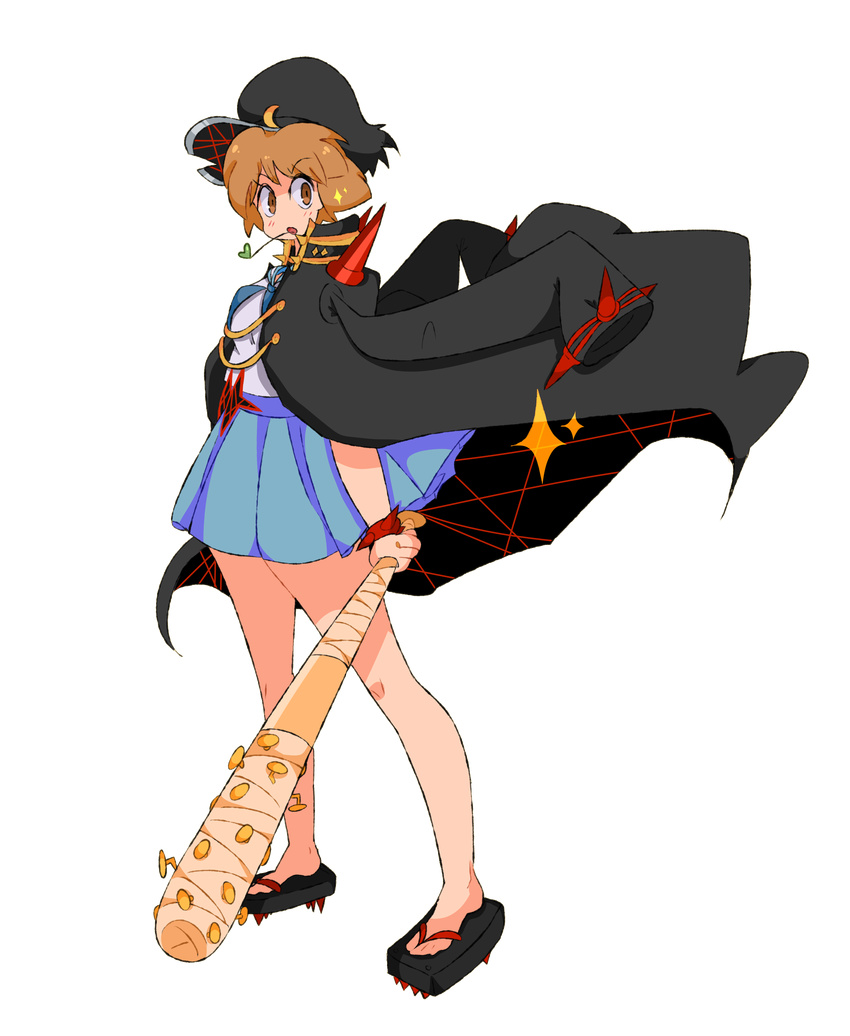 absurdres alternate_costume bad_id bad_pixiv_id baseball_bat bracelet brown_eyes brown_hair eni_(enigmaauto) full_body geta hat highres jacket_on_shoulders jewelry kill_la_kill mankanshoku_mako mouth_hold nail nail_bat school_uniform serafuku skirt solo spiked_bracelet spikes straw_(stalk) transparent_background