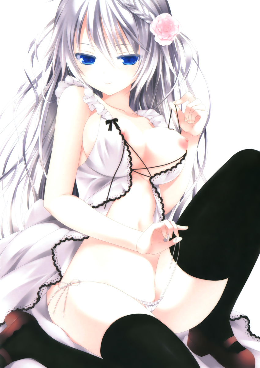 absurdres babydoll black_legwear braid breasts flower grey_hair hair_flower hair_ornament highres large_breasts makita_maki nipples open_clothes open_shirt panties shirt side-tie_panties solo string_panties thighhighs underwear white_panties