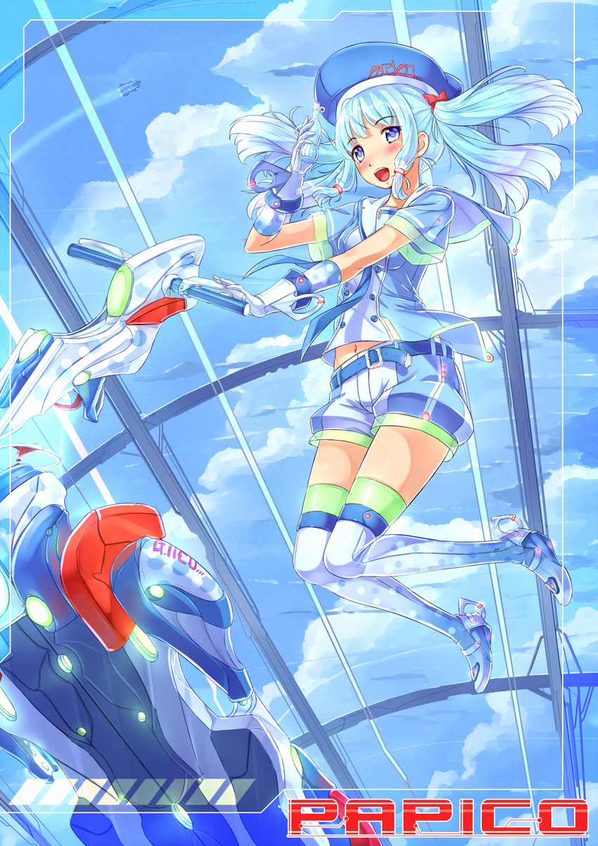 :d blue_eyes boots day gloves green_legwear hat highres hover_bike kazeno open_mouth papico_(ice_cream) personification ramune shirt short_shorts shorts sky smile thigh_boots thighhighs twintails white_gloves white_legwear