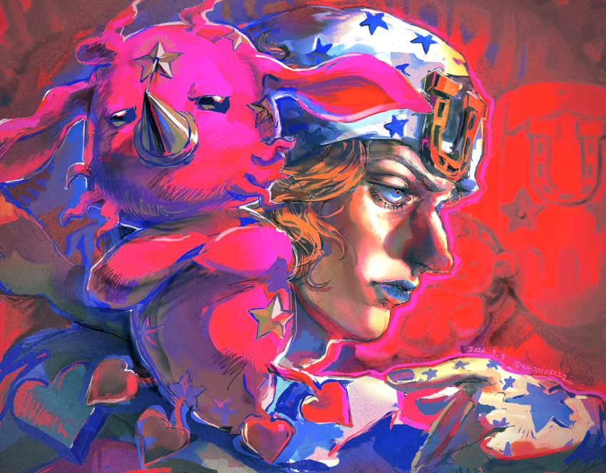 1boy absurdres beanie blue_eyes blue_lips closed_mouth hat heart heart_print highres horseshoe_hat_ornament horseshoe_ornament johnny_joestar jojo_no_kimyou_na_bouken male_focus orange_hair purple_nails stand_(jojo) star_(symbol) star_print steel_ball_run tusk_(stand) tusk_act1 tusk_act4 uu0000322 white_hat