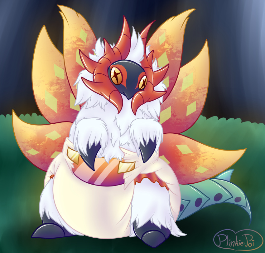 6_wings ambiguous_gender ancient_pokemon antennae_(anatomy) arthropod arthropod_abdomen big_diaper black_body black_feet black_hands black_head clean_diaper compound_eyes diaper eye_markings facial_markings feet feral fluffy fluffy_body fur generation_9_pokemon gradient_wings grass head_markings hi_res insect insect_wings lepidopteran markings moth multi_wing nintendo orange_wings paradox_pokemon plant plinkiepoi pokemon pokemon_(species) raised_arms red_wings simple_background sitting slither_wing solo spiracles tail white_body white_diaper white_fur wings yellow_eyes