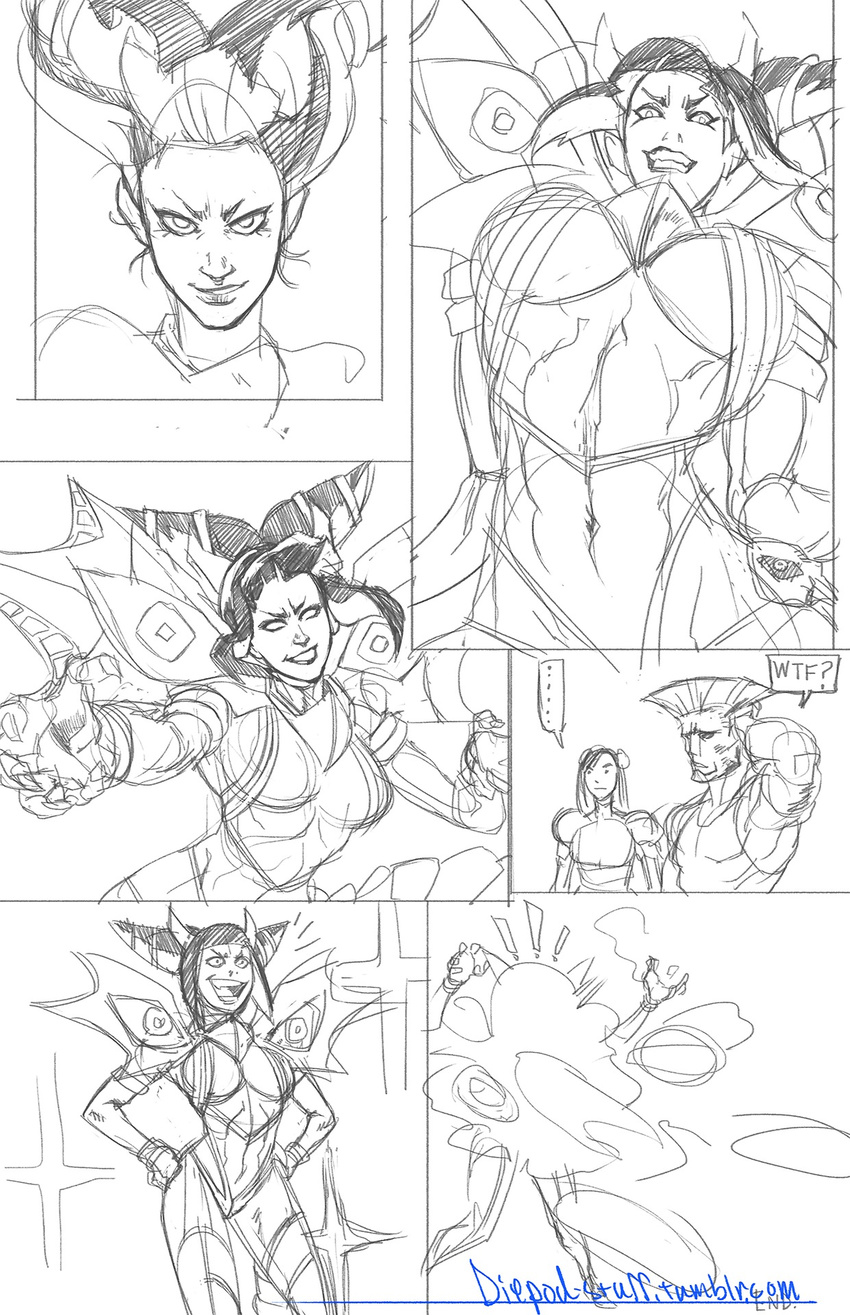 1boy 2girls chun-li comic diepod drill_hair explosion guile han_juri highres kamui_(kill_la_kill) kill_la_kill monochrome multiple_girls parody short_twintails sketch sonic_boom street_fighter transformation twin_drills twintails