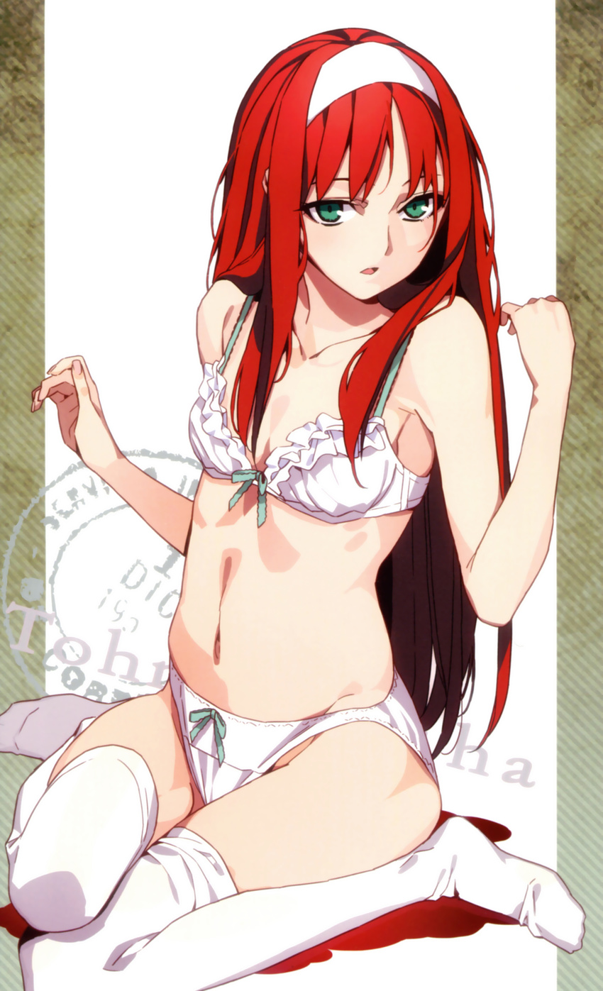 absurdres bow bow_panties bra breasts collarbone green_eyes hairband highres long_hair morii_shizuki navel open_mouth panties red_hair scan sitting small_breasts solo thighhighs toono_akiha tsukihime underwear underwear_only wariza white_bra white_hairband white_legwear white_panties