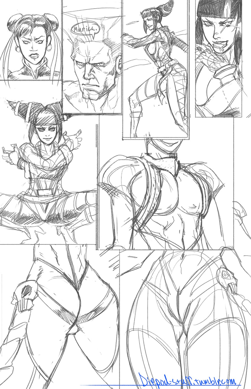 2girls breasts chun-li diepod drill_hair glowing glowing_eye guile han_juri highres kamui_(kill_la_kill) kill_la_kill large_breasts monochrome multiple_girls navel parody sideboob squatting street_fighter street_fighter_iv super_street_fighter_iv thong transformation twin_drills