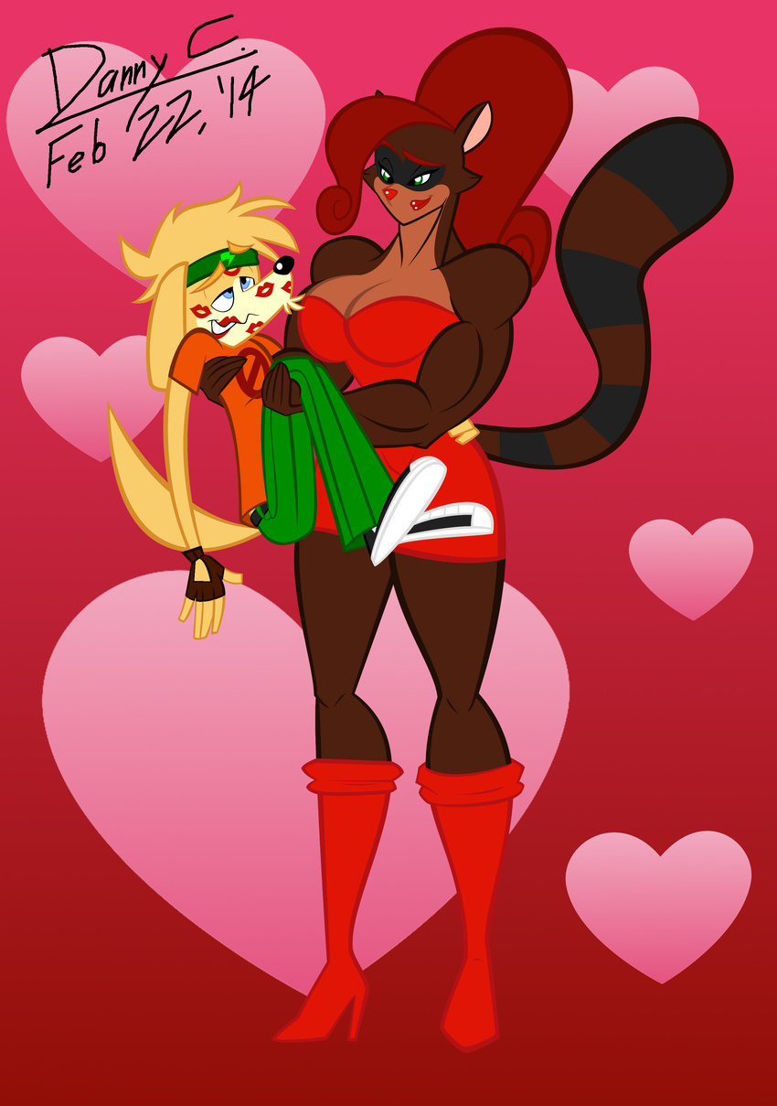 big_breasts blonde_hair blu3danny blue_eyes breasts canine cleavage clothed clothing couple dog dress duo female golden_retriever green_eyes hair holidays jackson_hazard joannie_powers kissing lipstick mammal muscles muscular_female raccoon timeless valentine's_day valentine's_day wide_hips