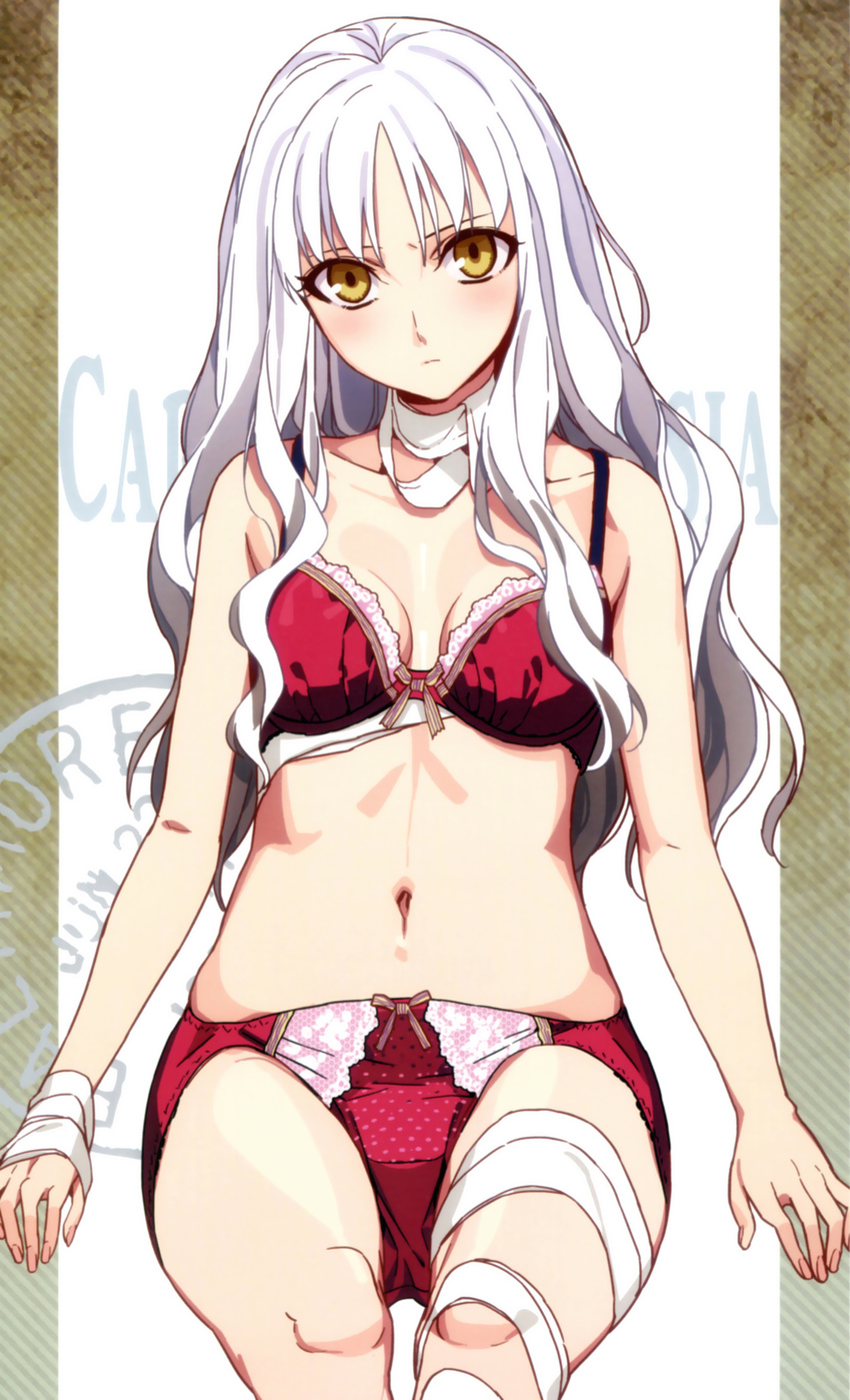 absurdres bandages bow bow_panties bra breasts caren_hortensia cleavage curly_hair fate/hollow_ataraxia fate_(series) fingernails hands highres knees long_hair looking_at_viewer medium_breasts morii_shizuki navel panties red_bra red_panties scan silver_hair sitting solo underwear underwear_only yellow_eyes