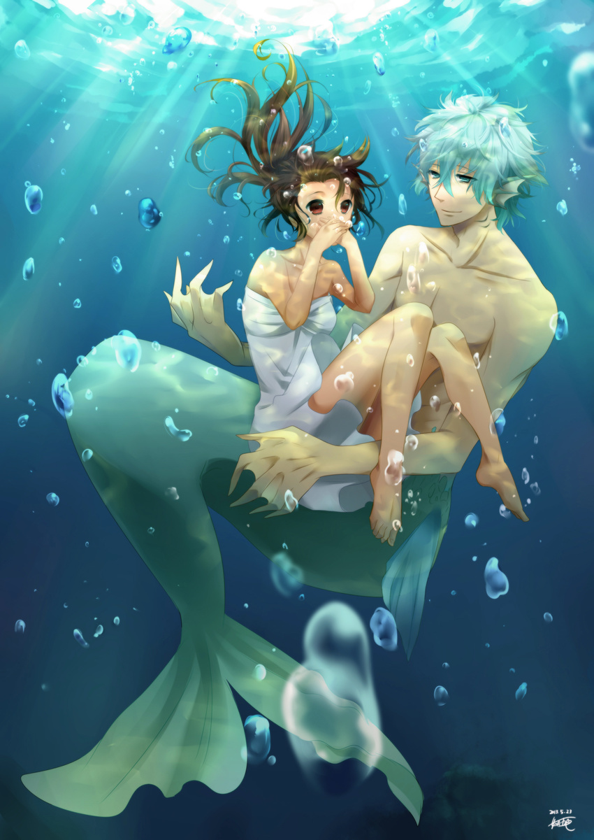 1boy 1girl aqua_eyes aqua_hair bare_arms barefoot brown_eyes brown_hair bubble bubbles carrying collarbone covering_mouth dress hair_between_eyes head_fins highres long_hair looking_at_another merman monster_boy original ponytail short_hair smile strapless_dress topless underwater water webbed_hands white_dress