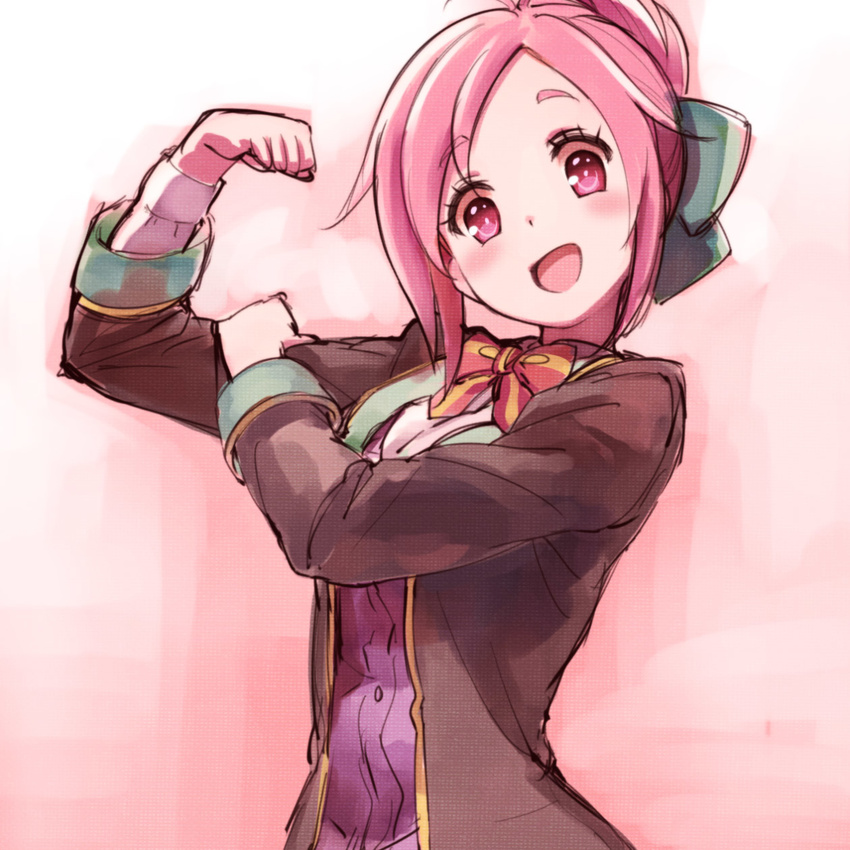 :d amatsuka_megumi_(gj-bu) blazer cardigan clenched_hand flexing folded_ponytail gj-bu hand_on_own_arm highres jacket nyama open_clothes open_jacket open_mouth pink_eyes pink_hair pose school_uniform sketch smile solo