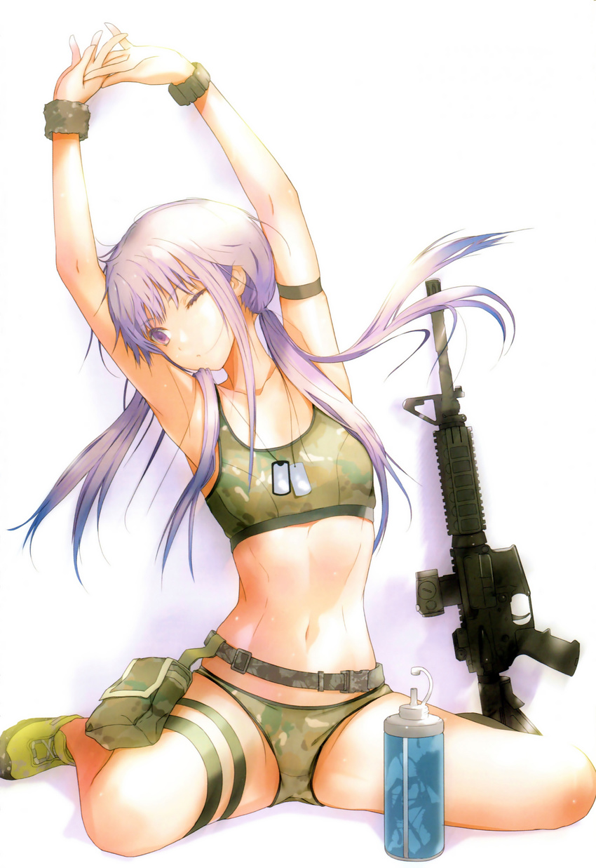 absurdres armband armpits arms_up assault_rifle bottle breasts camouflage character_request collarbone copyright_request dog_tags fuyuno_haruaki gun highres long_hair low_twintails midriff multicam_(camo) navel one_eye_closed purple_eyes purple_hair rifle scan sitting small_breasts solo sports_bra stretch thigh_strap twintails wariza water_bottle weapon wristband