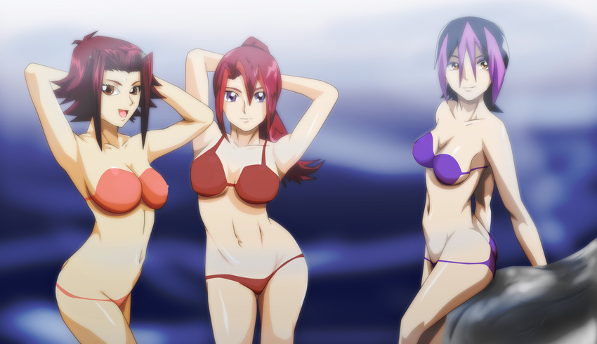 ass bikini blue_hair breasts brown_eyes droite_(yuu-gi-ou_zexal) highres izayoi_aki long_hair mr123goku123 multicolored_hair multiple_girls ponytail purple_eyes red_hair short_hair swimsuit tsukumo_akari two-tone_hair yuu-gi-ou yuu-gi-ou_5d's yuu-gi-ou_zexal