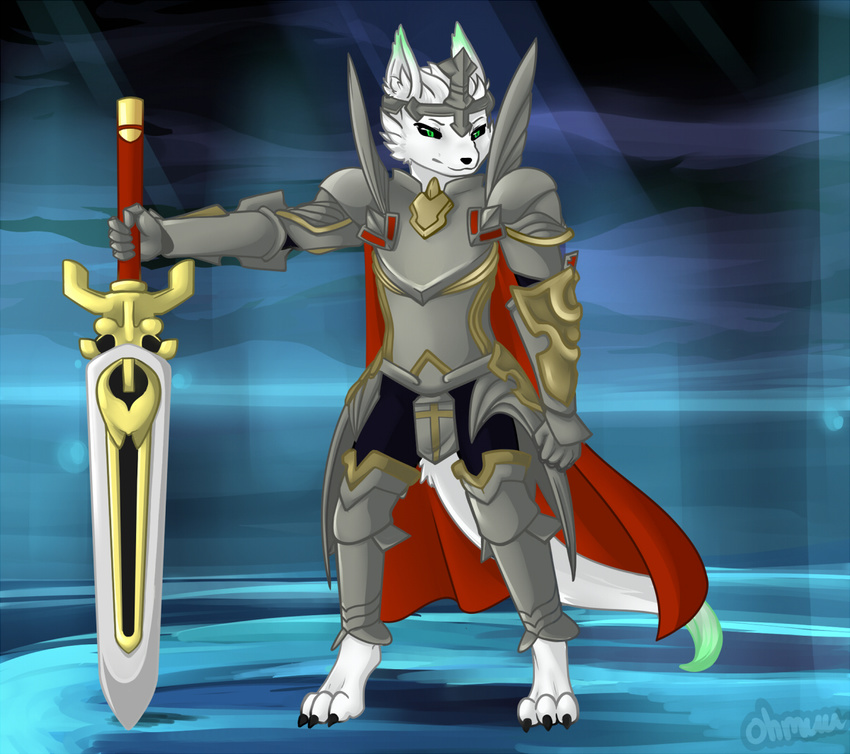 3_toes 5_fingers anthro armor black_nose bravely_default canine cape claws fur green_eyes male mammal ohmuu sereos solo standing sword templar toe_claws toes weapon white_fur