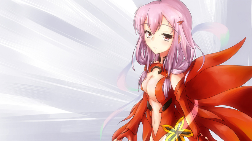 bad_id bad_pixiv_id bare_shoulders blush breasts center_opening cleavage detached_sleeves elbow_gloves fingerless_gloves gloves guilty_crown hair_ornament hairclip kaminali large_breasts long_hair looking_at_viewer navel open_mouth pink_eyes pink_hair red_eyes solo thighhighs twintails yuzuriha_inori