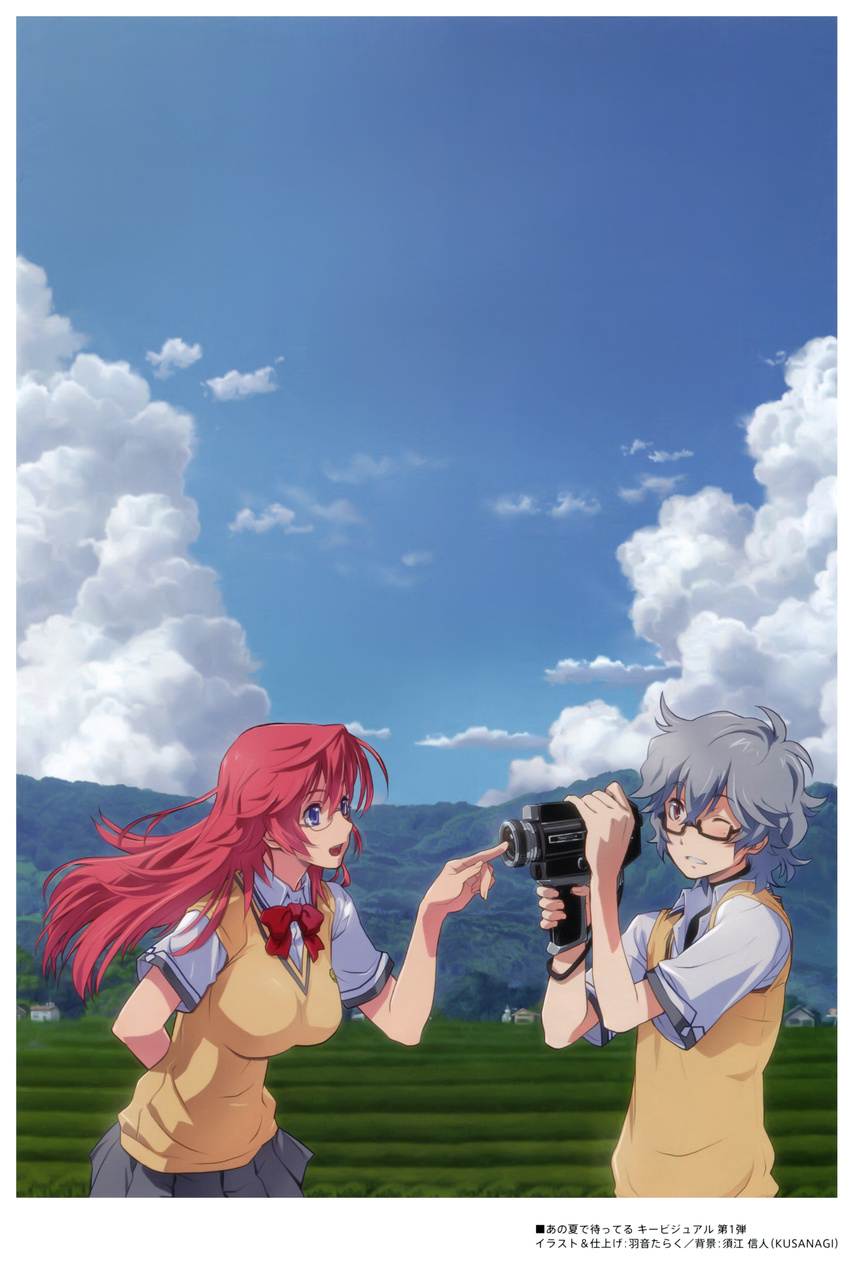 1girl absurdres ano_natsu_de_matteru blue_eyes blush breasts camera collared_shirt day eyebrows_visible_through_hair glasses grey_hair grey_skirt highres holding holding_camera kirishima_kaito large_breasts long_hair looking_at_another one_eye_closed open_mouth outdoors parted_lips red_eyes red_hair scan semi-rimless_eyewear shirt short_hair short_sleeves skirt smile takatsuki_ichika translation_request under-rim_eyewear uon_taraku