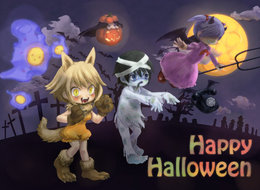 6+girls alternate_costume animal_ears aojiru_(yume_2kki) bandages bat bat_wings blonde_hair blue_eyes corded_phone dress drooling fangs flying full_body graveyard grin hakoko_(yume_2kki) halloween multiple_girls night oni_musume_(yume_2kki) outstretched_arms paws phone polearm pumpkin shadow_lady_(yume_2kki) smile spread_arms tail trident tsuzura_(ofuton) urotsuki weapon wings wolf_ears wolf_tail yellow_eyes yume_2kki zombie zombie_pose