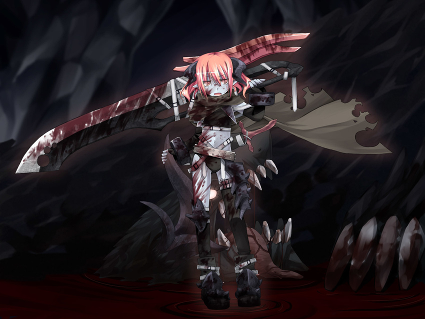 bad_id bad_pixiv_id belt blood boots cape demon_girl fang flat_chest gloves grey_skin highres horns huge_weapon open_mouth panties pink_hair pixiv_fantasia pointy_ears red_eyes short_hair solo sword thighhighs underwear wallpaper weapon yuuki_eishi