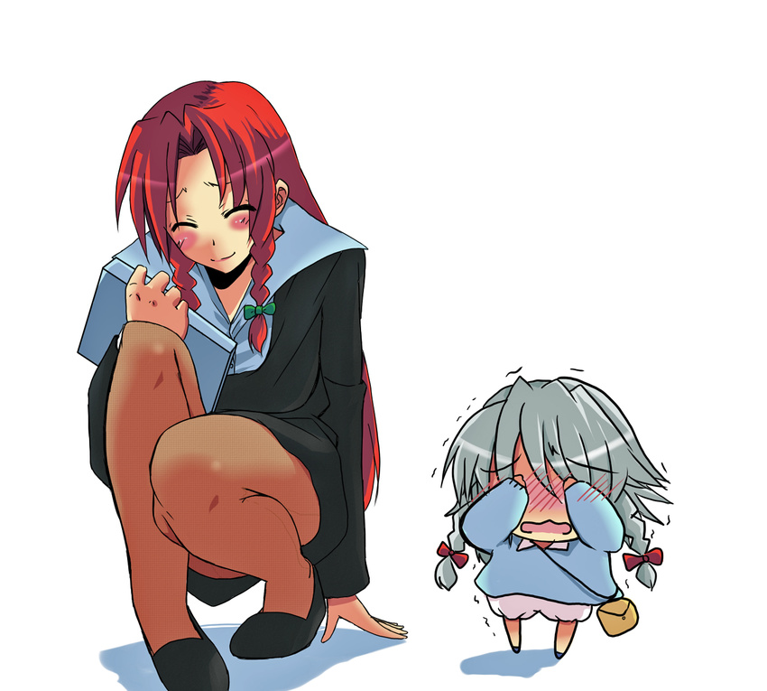 alternate_costume blush braid brown_legwear casual chibi closed_eyes contemporary highres hong_meiling izayoi_sakuya kindergarten multiple_girls ooike_teru pantyhose red_hair ribbon silver_hair tears touhou trembling twin_braids younger