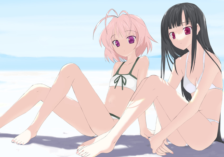 amatsuka_fubuki amatsuka_urara baby_princess barefoot beach bikini black_hair day feet flat_chest kusaka_souji legs long_legs multiple_girls nail_polish outdoors pink_hair purple_eyes red_eyes sitting swimsuit toenail_polish