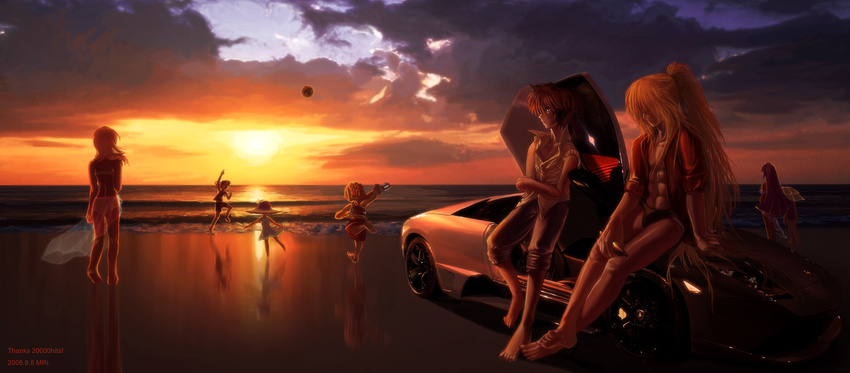 6+girls alia_(rockman) axl bad_anatomy barefoot blonde_hair brown_hair car feet ground_vehicle highres layer long_hair motor_vehicle multiple_boys multiple_girls palette rockman rockman_x short_hair sunset x_(rockman) zero_(rockman)