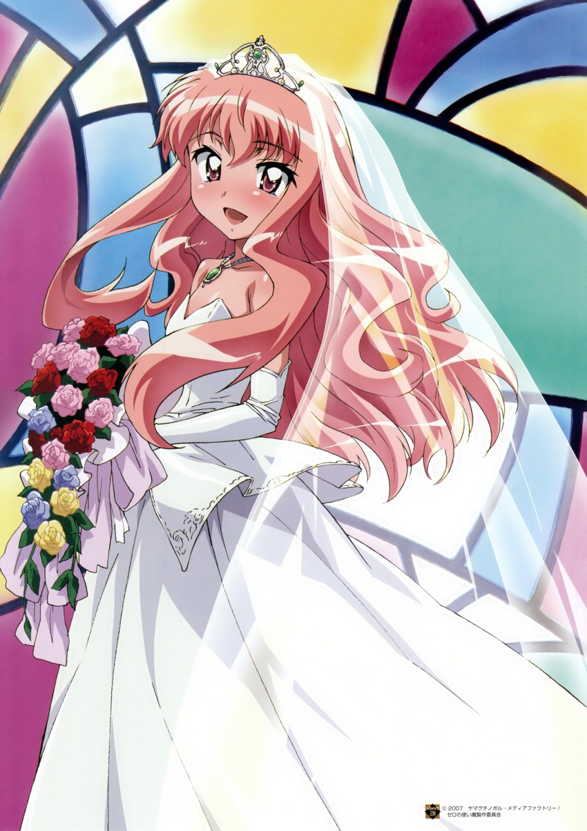 2007 bouquet bride dress elbow_gloves flower fujii_masahiro gloves highres long_hair louise_francoise_le_blanc_de_la_valliere megami official_art solo wedding_dress zero_no_tsukaima