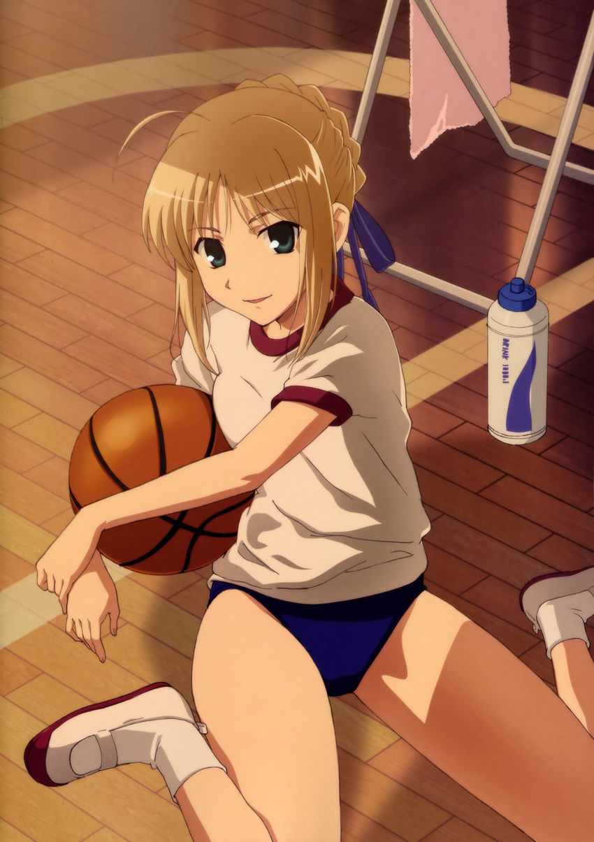 absurdres ahoge artoria_pendragon_(all) basketball blonde_hair breast_press breasts buruma fate/stay_night fate_(series) green_eyes gym_uniform hair_ribbon highres motomura_kouichi ribbon saber shoes sitting small_breasts smile socks solo uwabaki wariza