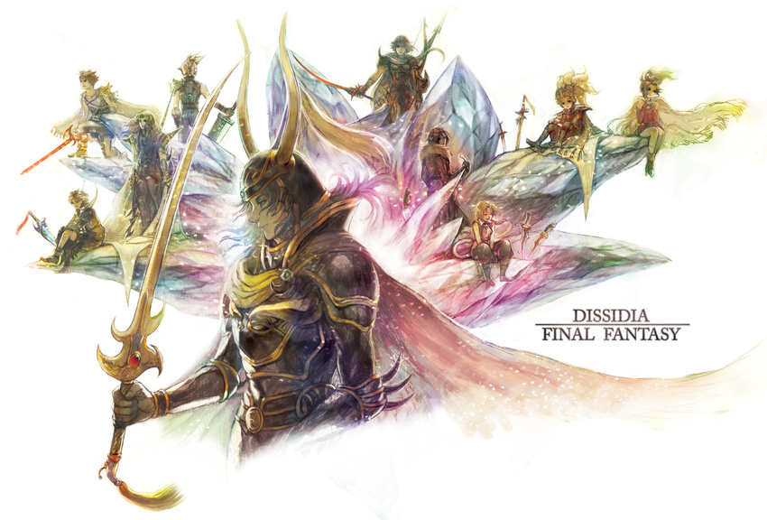 6+boys armor buster_sword butz_klauser cecil_harvey cloud_strife copyright_name crystal dissidia_final_fantasy everyone final_fantasy final_fantasy_i final_fantasy_ii final_fantasy_iii final_fantasy_iv final_fantasy_ix final_fantasy_v final_fantasy_vi final_fantasy_vii final_fantasy_viii final_fantasy_x frioniel highres multiple_boys onion_knight pantyhose squall_leonhart sword tidus tina_branford warrior_of_light weapon yuyayuyo zidane_tribal