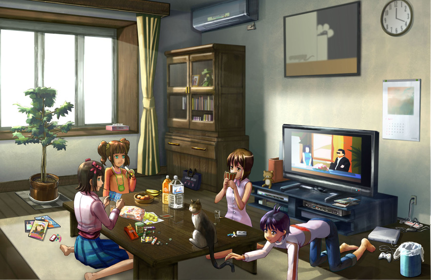 amami_haruka bad_id bad_pixiv_id banana barefoot bell bell_collar bottle candy card carpet cat collar day food fruit game_console hagiwara_yukiho hair_ribbon highres holding holding_card idolmaster idolmaster_(classic) idolmaster_1 indoors kanedamahiru kikuchi_makoto living_room lying_card magazine miura_azusa multiple_girls phone plant pocky potted_plant ribbon short_hair stuffed_animal stuffed_toy takatsuki_yayoi teddy_bear television tissue_box trash_can twintails water_bottle xbox_360