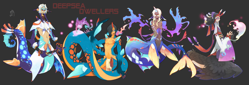 clothed clothing feathers fish group loincloth marine matea mermaid orange_eyes pink_eyes red_eyes sword weapon wings