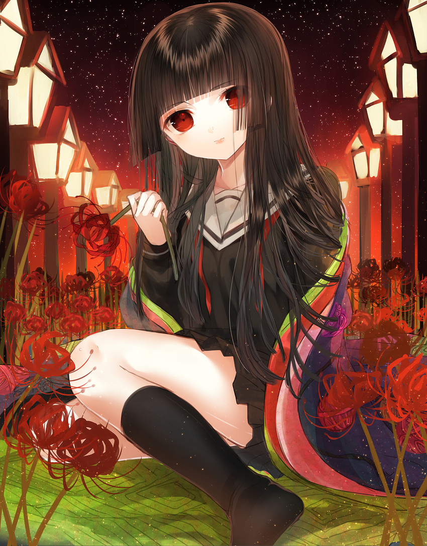 black_hair black_legwear black_serafuku enma_ai flower highres io_enishi jigoku_shoujo kneehighs long_hair no_shoes red_eyes red_flower school_uniform serafuku sitting smile solo spider_lily