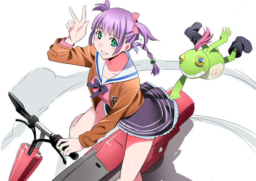 absurdres akechi_shizuku aqua_eyes bad_id bad_pixiv_id blue_eyes boots bow bowtie frog ground_vehicle hair_bow hair_ornament highres hover_bike jacket looking_at_viewer miniskirt motor_vehicle purple_hair quad_tails skirt solo sudou_cecil v wizard_barristers:_benmashi_cecil