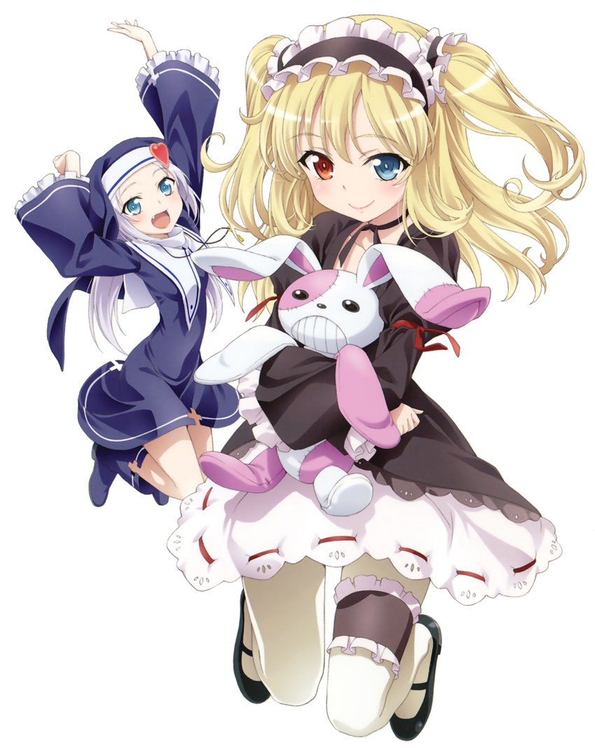 :d absurdres blonde_hair blue_eyes blush boku_wa_tomodachi_ga_sukunai boots choker cover dress dvd_cover fang garters habit hairband hasegawa_kobato heart heterochromia highres jewelry jumping lolita_fashion lolita_hairband long_hair mary_janes multiple_girls necklace nun official_art open_mouth pantyhose red_eyes ribbon_choker scan shoes simple_background smile stuffed_animal stuffed_bunny stuffed_toy takayama_maria two_side_up watanabe_yoshihiro white_background white_hair white_legwear wide_sleeves