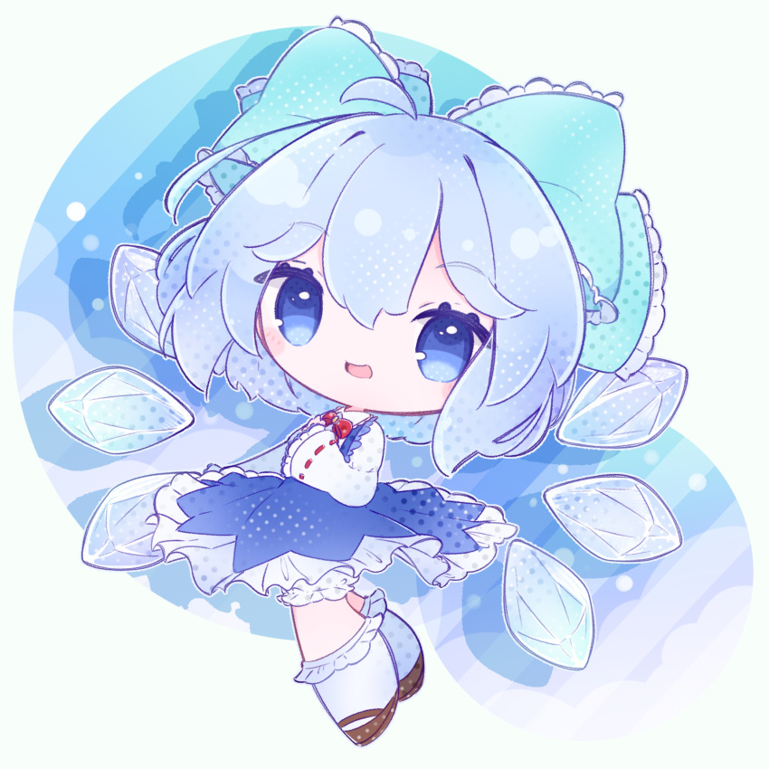 1girl absurdres bloomers blue_bow blue_dress blue_eyes blue_hair bow chibi cirno commentary_request detached_wings dress fairy fairy_wings hair_bow highres ice ice_wings inukkomaru open_mouth pinafore_dress short_hair skirt sleeveless sleeveless_dress solo touhou white_background white_bloomers wings