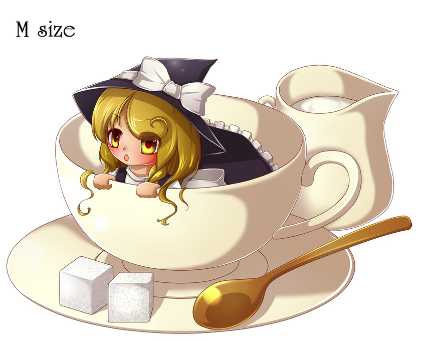 :o blonde_hair braid cream creamer_(vessel) cup hat hat_ribbon highres in_container in_cup kakiikada kirisame_marisa long_hair looking_at_viewer minigirl ribbon saucer simple_background single_braid solo spoon sugar_cube teacup touhou white_background witch_hat yellow_eyes