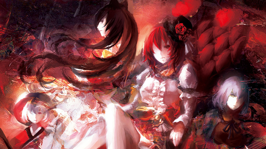 alternate_costume animal_ears biwa_lute bow bowl brown_hair crack crossed_legs dress flower frills gothic_lolita hat highres horikawa_raiko imaizumi_kagerou instrument iori_yakatabako japanese_clothes kimono lolita_fashion long_hair lute_(instrument) multiple_girls music obi oil_painting_(medium) playing_instrument purple_hair rose sash short_hair sitting sukuna_shinmyoumaru top_hat touhou tsukumo_benben twintails wallpaper wolf_ears