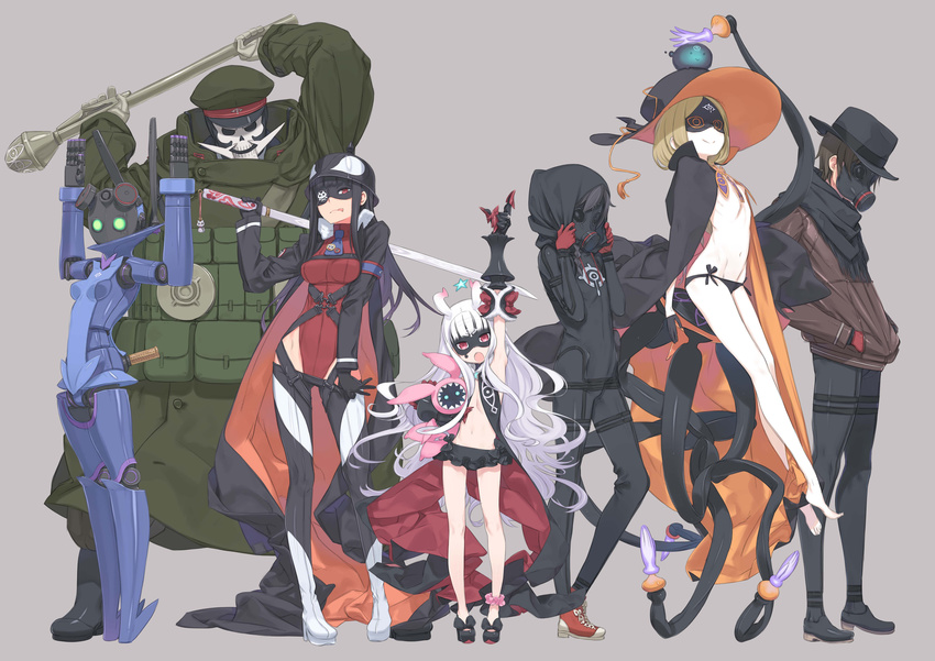 4girls android arm_up arms_up barefoot belt black_panties bodysuit boots cape coat domino_mask dva everyone eyepatch fedora flat_chest full_body galaktika gas_mask gauntlets general_pepel grey_background hands_in_pockets hat helmet highres hood hoodie hoshimiya_kate jimon_asuta katana kuroboshi_kouhaku kurukuru_(sekai_seifuku) leotard long_coat looking_at_viewer mask midriff military military_hat military_uniform morozumi_yasubee multiple_boys multiple_girls natasha_(sekai_seifuku) no_bra odin_(seikai_seifuku) official_art panties pants panzerfaust peaked_cap pickelhaube plamja-sama professor_um red_leotard roboko_(sekai_seifuku) robot sekai_seifuku:_bouryaku_no_zvezda shikabane_gorou shikabane_itsuka side-tie_panties simple_background standing stuffed_toy sword underwear uniform venera-sama weapon witch_hat