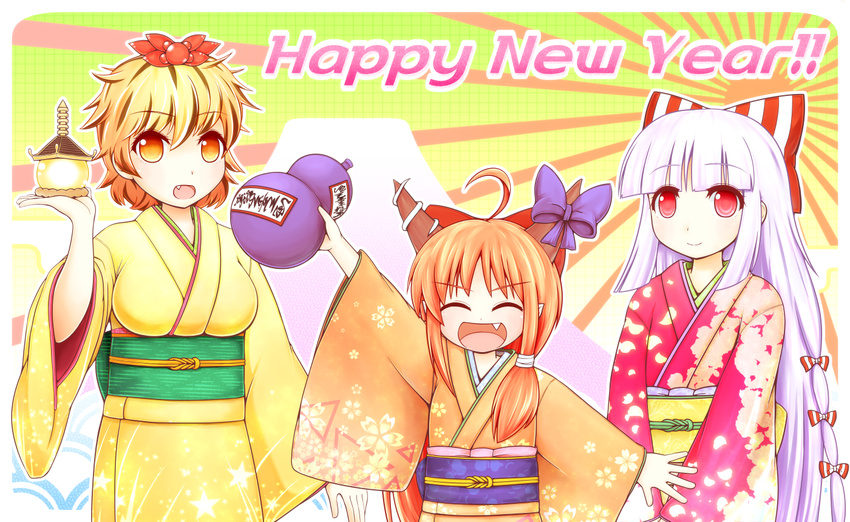 alternate_costume bishamonten's_pagoda black_hair blonde_hair bow chain dora_ita english fang floral_print flower fujiwara_no_mokou gourd hair_bow hair_ornament hair_ribbon horn_ribbon horns ibuki_suika japanese_clothes kimono long_hair multicolored_hair multiple_girls new_year obi open_mouth orange_hair petals red_eyes ribbon rising_sun sash seigaiha short_hair smile star sunburst suspenders toramaru_shou touhou two-tone_hair very_long_hair volcano white_hair