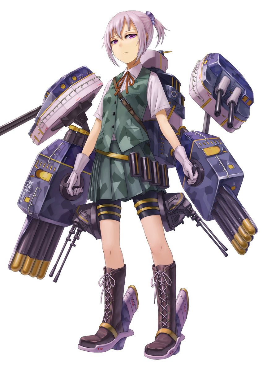 alternate_eye_color backpack bag bike_shorts boots cannon cross-laced_footwear full_body gloves highres kantai_collection kurione_(zassou) looking_at_viewer neck_ribbon pink_hair ponytail purple_eyes red_neckwear red_ribbon ribbon shiranui_(kantai_collection) shirt short_sleeves shorts shorts_under_skirt silver_hair simple_background skirt skirt_set solo vest white_background white_gloves