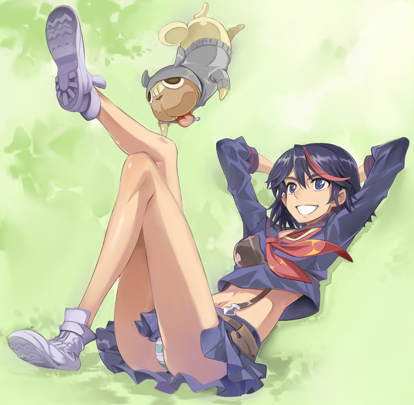 bare_legs black_hair black_skirt blue_eyes dog full_body green_background guts_(kill_la_kill) kill_la_kill leg_up long_legs matoi_ryuuko miyo_(13th_floor) multicolored_hair panties reclining red_hair school_uniform senketsu serafuku shoes short_hair skirt smile streaked_hair striped striped_panties suspenders two-tone_hair underwear