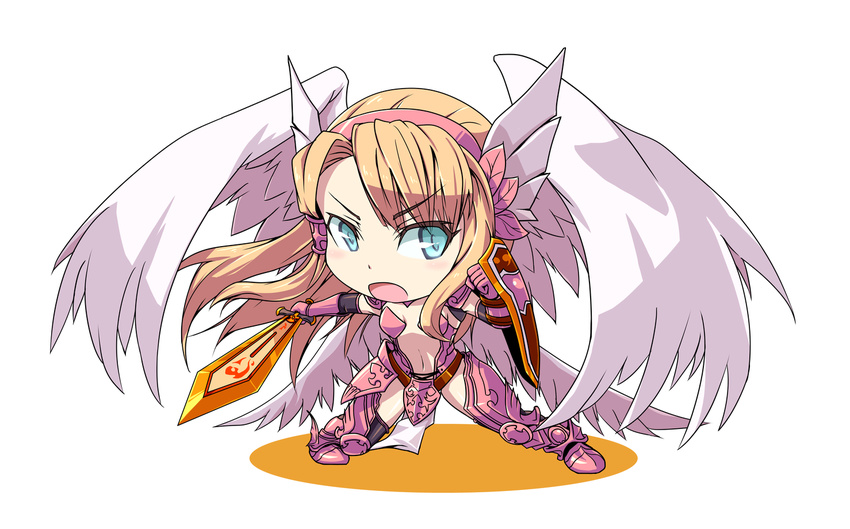 armor blonde_hair blue_eyes chibi minerva_(p&amp;d) puzzle_&amp;_dragons shield sword weapon wings